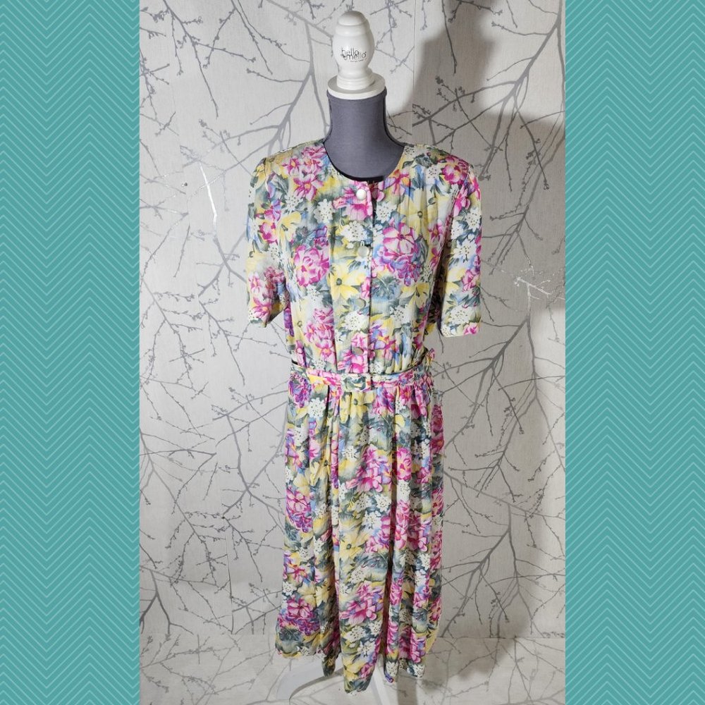 D'Allairds Floral Printed Cottagecore Belted Midi Prairie Dress - Picture 1 of 5